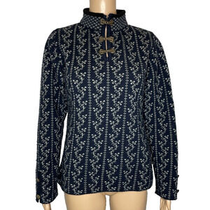 Women's Small Laila & Lasse Black Printed Hook Eye Closure Pullover Sweater Wool